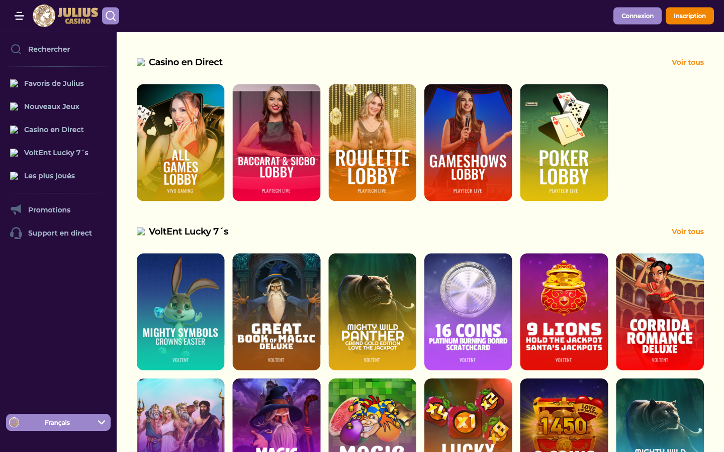 Section live avec lobbies blackjack, roulette, baccarat et poker